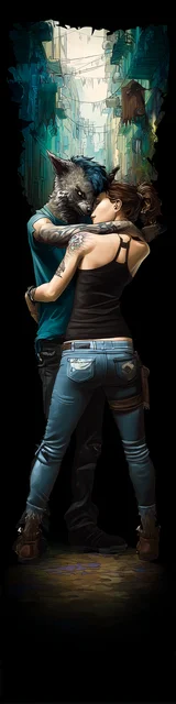 Free dark romance bookmark featuring a person in jeans hugging a werewolf